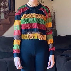Multicolored mesh long sleeved crop top